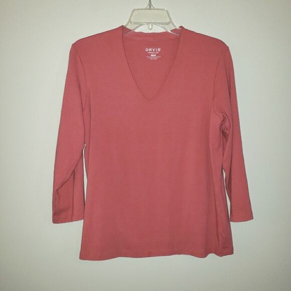 ORVIS PERFECT TEE 3/3 SLEEVE COUNTRY PINK ROSE V SCOOP NECK LARGE PIMA COTTON - Picture 1 of 5